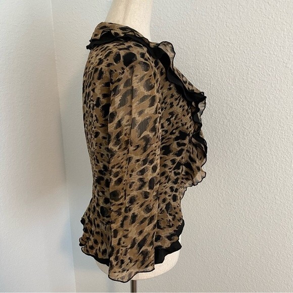 Maggie Sweet Open Front Jacket Black Brown Abstract Ruffle Fitted Crop Size PS - Picture 6 of 11